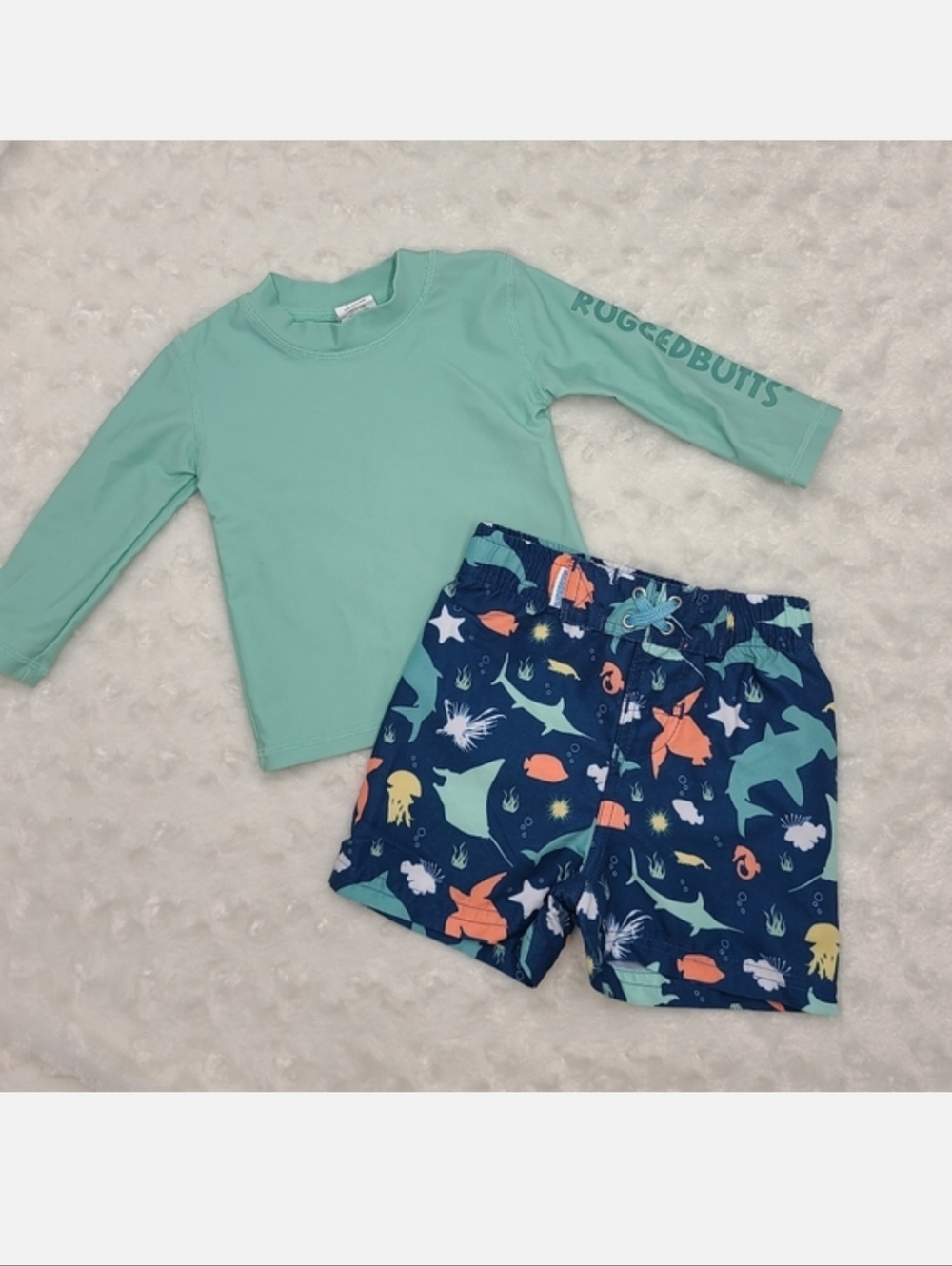 RuggedButts swim trunks and rashguard size 6-12 months